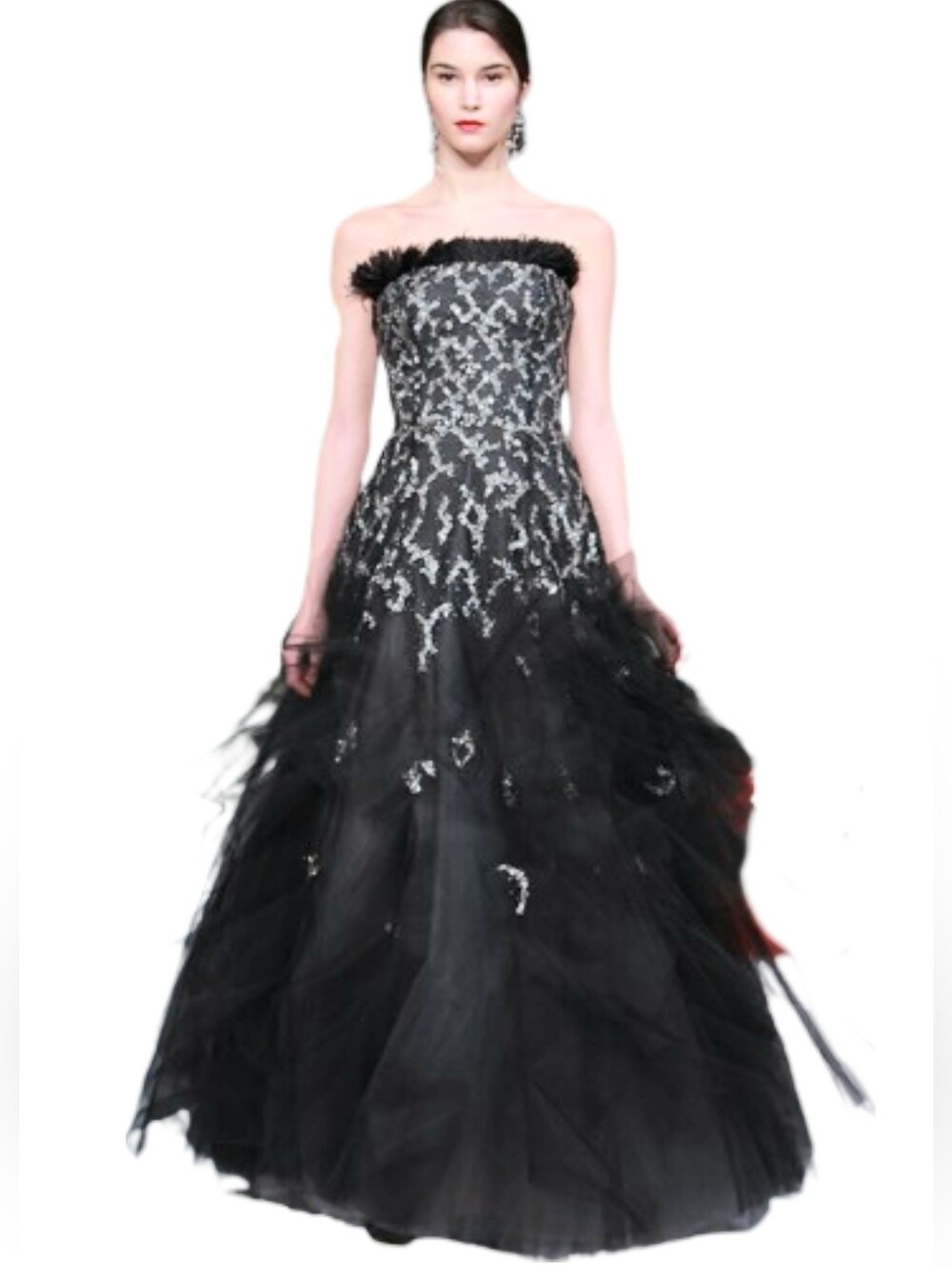 $10,000 OSCAR LA RENTA BLACK OSTRIC FEATHER SEQUIN CRYSTAL BEADS RUNWAY GOWN L - Picture 1 of 10